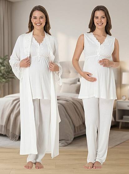 Ekru Ayarlanabilir Bel Lastikli Sıfır Kol Sabahlıklı Hamile Lohusa Pijama Takımı