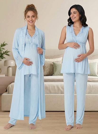 Mavi Ayarlanabilir Bel Lastikli Sıfır Kol Sabahlıklı Hamile Lohusa Pijama Takımı