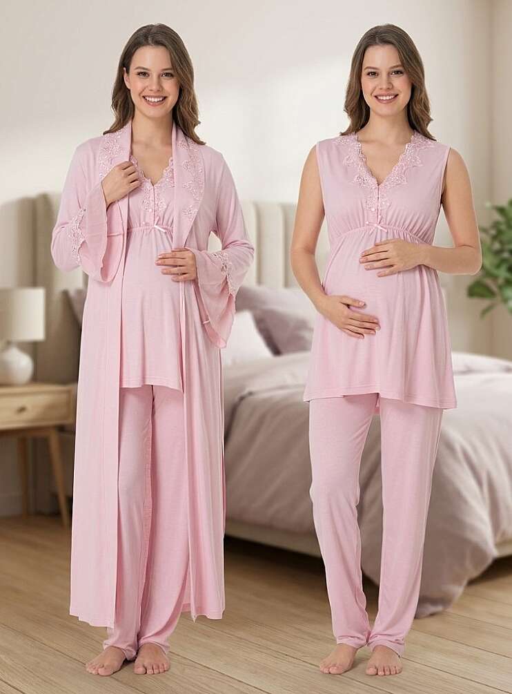 Pembe Ayarlanabilir Bel Lastikli Sıfır Kol Sabahlıklı Hamile Lohusa Pijama Takımı - 1