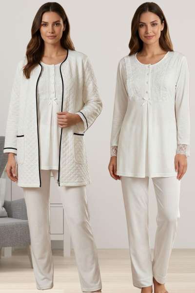 Effortt - Ekru Kapitone Sabahlıklı Hamile Lohusa Pijama Takımı