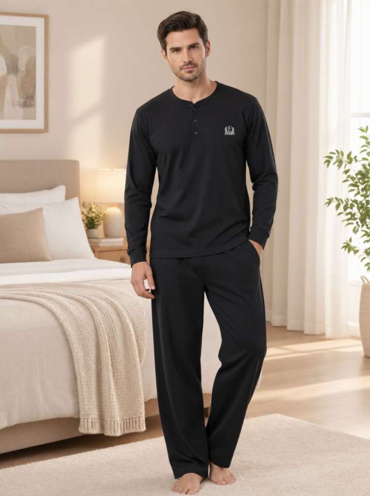 Siyah Pamuklu Dört Mevsim Erkek Pijama Takımı