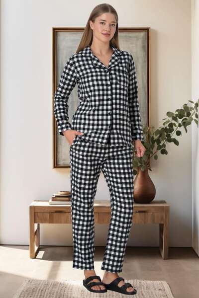 Ekose Desenli Boydan Düğmeli Kadın Pijama Takımı