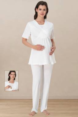 Effortt - Ekru Hamile Lohusa Emzirme Özellikli Pijama Takımı