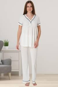 Effortt - Ekru Hamile Lohusa Kısa Kollu Pijama Takım