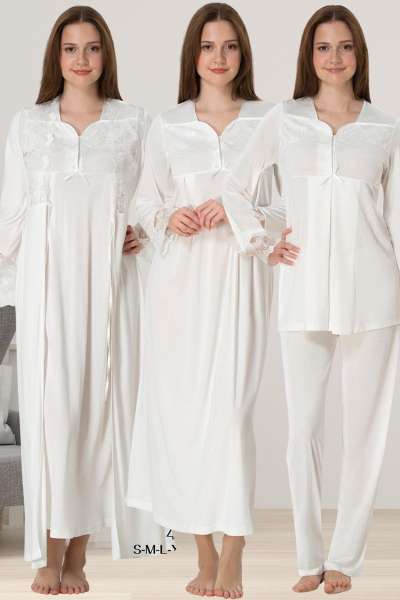 Effortt - Ekru Hamile Lohusa Sabahlıklı Gecelik Pijama Set