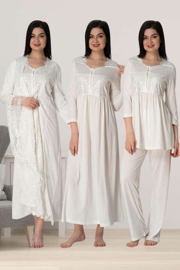 Ekru Hamile Lohusa Sabahlıklı Gecelik Pijama Takımı Lohusa Seti