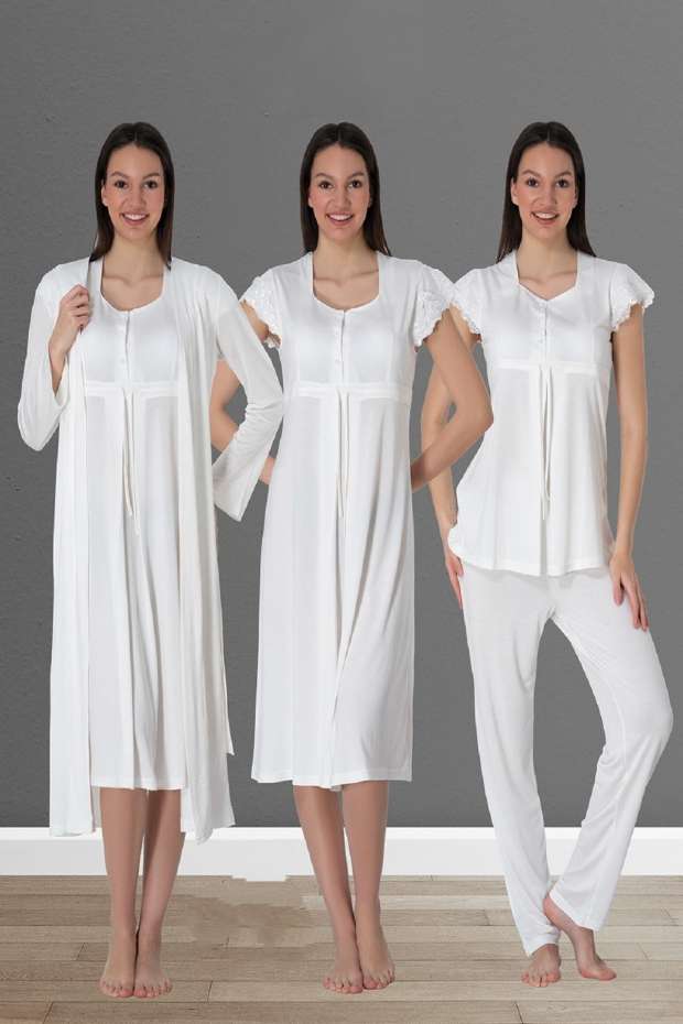 Ekru Hamile Lohusa Sabahlıklı Gecelik ve Pijama Takımı