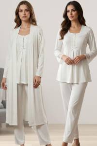 Effortt - Ekru Hamile Lohusa Sabahlıklı Pijama Takımı