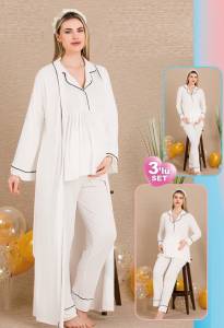 Lady - Ekru Hamile Lohusa Uzun Kollu Sabahlıklı Pijama Takımı