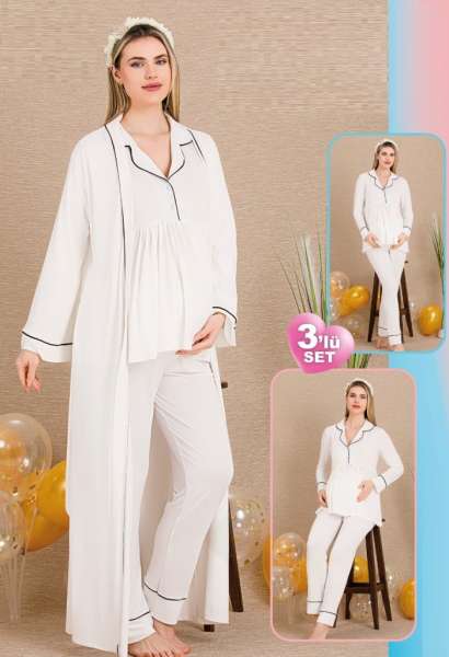 Ekru Hamile Lohusa Uzun Kollu Sabahlıklı Pijama Takımı