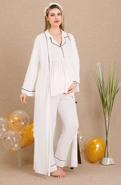Ekru Hamile Lohusa Uzun Kollu Sabahlıklı Pijama Takımı