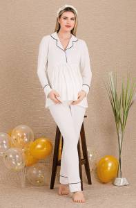 Ekru Hamile Lohusa Uzun Kollu Sabahlıklı Pijama Takımı - Thumbnail