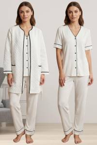 Effortt - Ekru Kapitone Sabahlıklı Hamile Lohusa Pijama Takımı