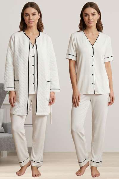 Effortt - Ekru Kapitone Sabahlıklı Hamile Lohusa Pijama Takımı