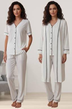 Effortt - Ekru Rahat Kesim Sabahlıklı Hamile Lohusa Pijama Takımı