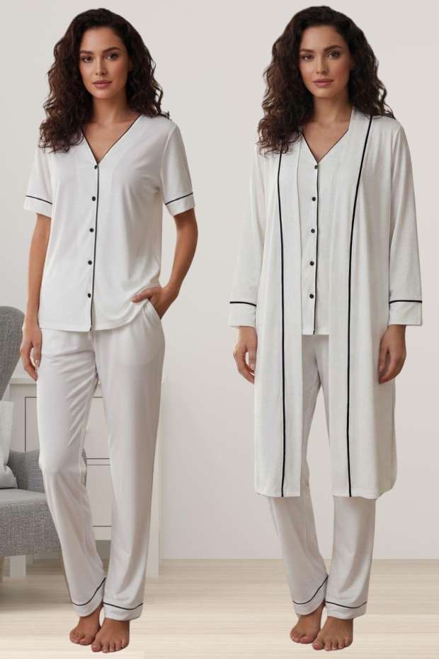 Ekru Rahat Kesim Sabahlıklı Hamile Lohusa Pijama Takımı