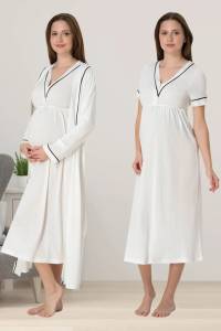 Effortt - Ekru Sabahlıklı Hamile Lohusa Gecelik Takım