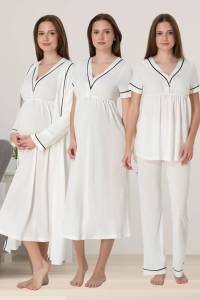 Effortt - Ekru Sabahlıklı Hamile Lohusa Pijama Gecelik Takım 4 Lü Lohusa Seti