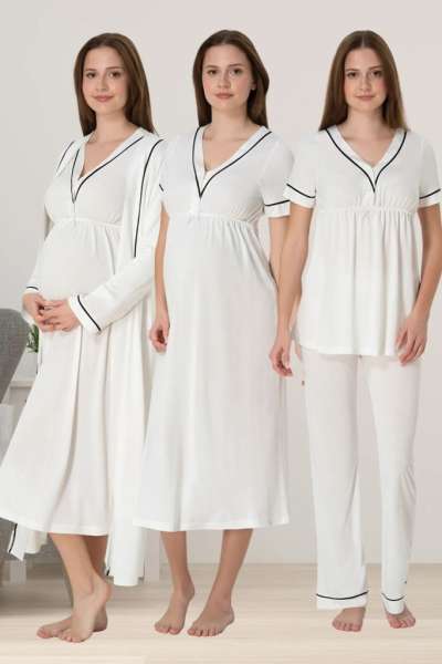Effortt - Ekru Sabahlıklı Hamile Lohusa Pijama Gecelik Takım 4 Lü Lohusa Seti