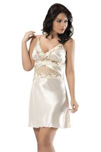 Ekru Saten Dantelli Gecelik - Thumbnail