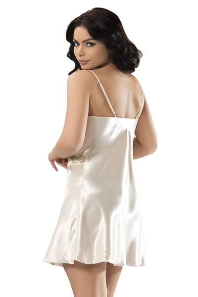 Ekru Saten Dantelli Gecelik