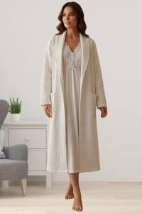 Effortt - Ekru Uzun Kapitone Sabahlık Gecelik Takım