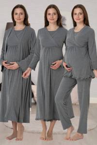 Effortt - Füme Gizli Emzirme Özellikli Sabahlıklı Gecelik Pijama Takımı 4 Lü Set