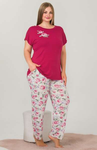 Fuşya Çiçekli Kısa Kollu Büyük Beden Pijama Takımı