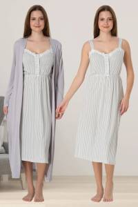 Effortt - Gri Çizgili Hamile Lohusa Sabahlıklı Gecelik Takım