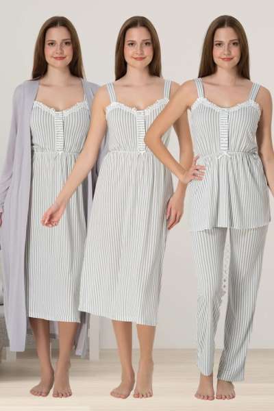 Effortt - Gri Çizgili Hamile Lohusa Sabahlıklı Gecelik ve Pijama Takımı