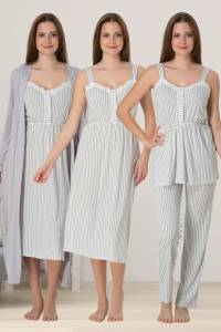 Effortt - Gri Çizgili Hamile Lohusa Sabahlıklı Gecelik ve Pijama Takımı