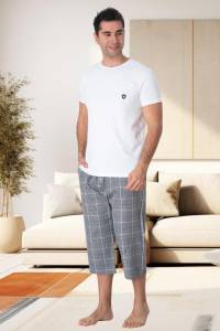 Mecit Pijama - Gri Ekoseli Erkek Büyük Beden Capri Pijama Takımı