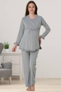 Effortt - Gri Gizli Emzirme Özellikli Hamile Lohusa Pijama Takımı