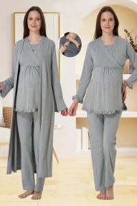 Effortt - Gri Gizli Emzirme Özellikli Sabahlıklı Pijama Takımı