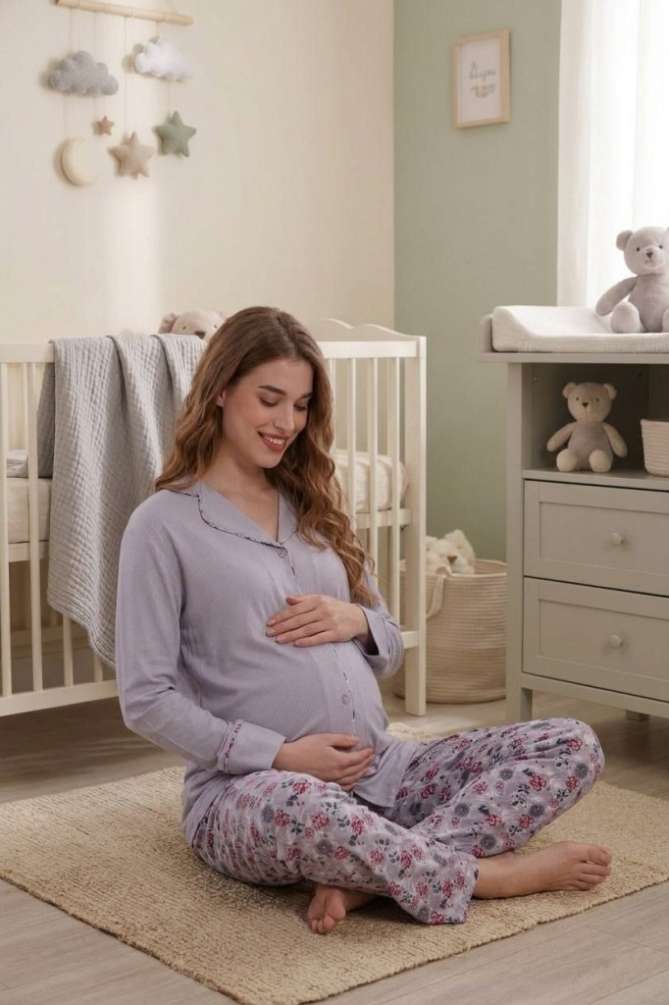 Gri Hamile Lohusa Önden Düğmeli Pijama Takımı