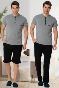 Gri Kısa Kollu Erkek Pijama Şort 3lü Takımı - Thumbnail