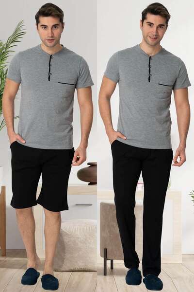 Gri Kısa Kollu Erkek Pijama Şort 3lü Takımı