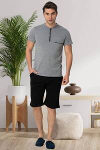 Gri Kısa Kollu Erkek Pijama Şort 3lü Takımı - Thumbnail