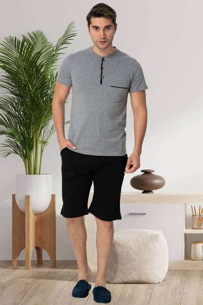 Gri Kısa Kollu Erkek Pijama Şort 3lü Takımı