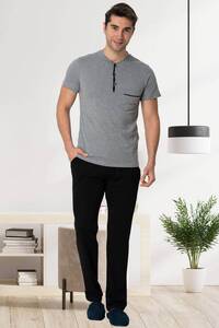 Gri Kısa Kollu Erkek Pijama Şort 3lü Takımı - Thumbnail