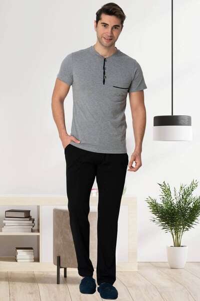 Gri Kısa Kollu Erkek Pijama Şort 3lü Takımı