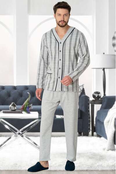 Gri Büyük Beden Düğmeli Erkek Pijama Takım