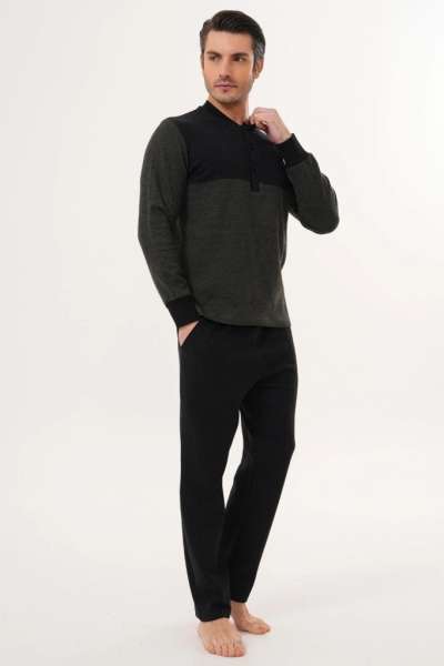 Gri-Siyah Selanik Kumaş Kışlık Erkek Pijama Takımı