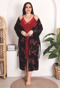 Lady - Gül Desenli Viskon Kumaş 2li Lüks Gecelik Sabahlık Takımı