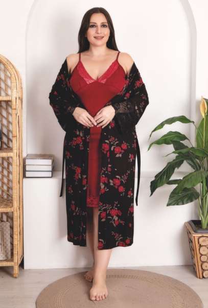 Gül Desenli Viskon Kumaş 2li Lüks Gecelik Sabahlık Takımı