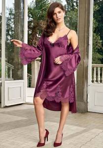 Güpürlü Saten Gecelik ve Sabahlık Kimono Takım - Thumbnail