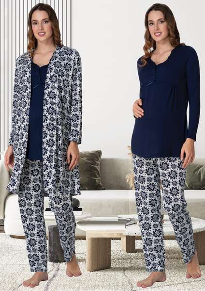 Hamile Lohusa Desenli Sabahlıklı Pijama Takımı
