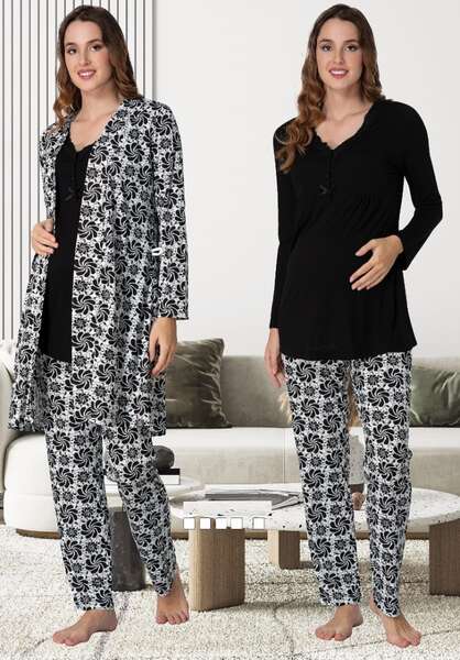 Hamile Lohusa Desenli Sabahlıklı Pijama Takımı
