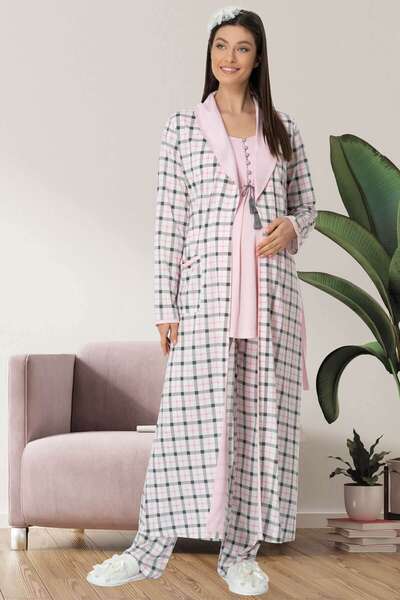 Ekoseli Hamile Sabahlıklı Pijama Takımı 3lü Set