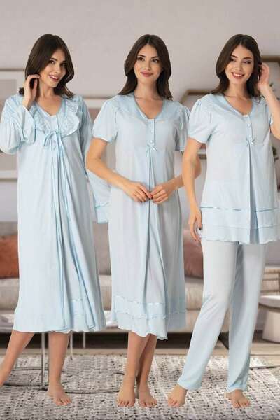 Hamile Lohusa Sabahlıklı Gecelik Pijama 4 lü Set Takımı